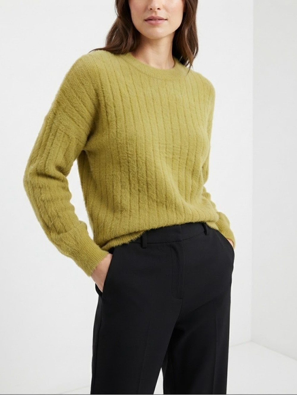 SO Good For Life Olive Green Ribbed Fuzzy Crewneck Pullover Sweater Size XL